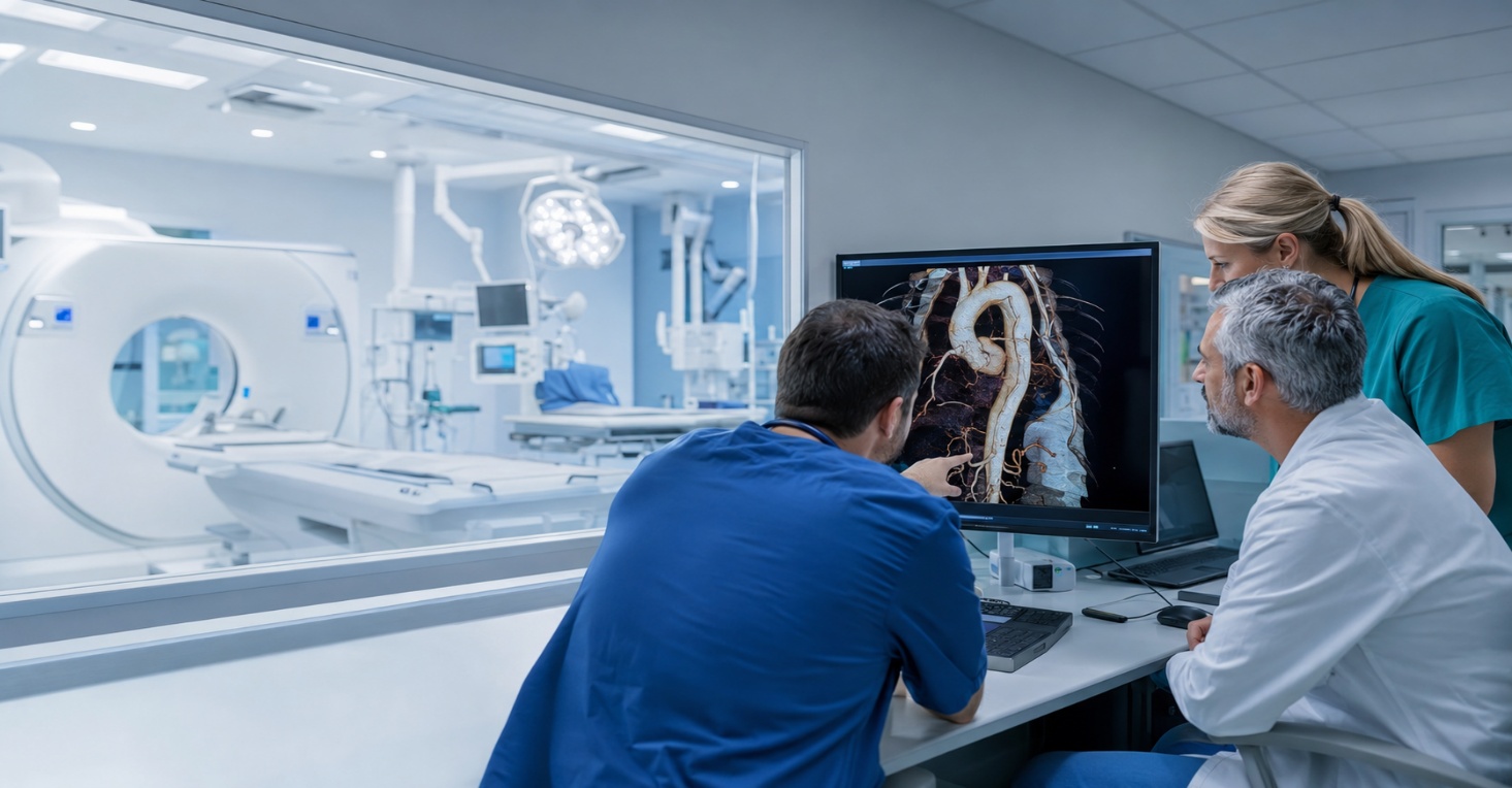 Medici che esaminano un'immagine 3D dell'aorta in una sala di imaging